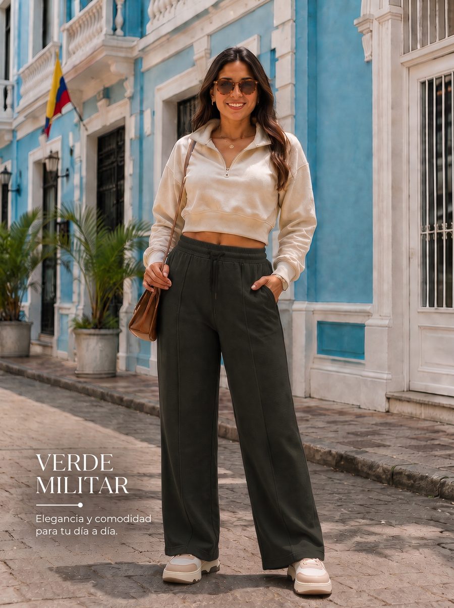 Pantalón bota recta color Verde militar